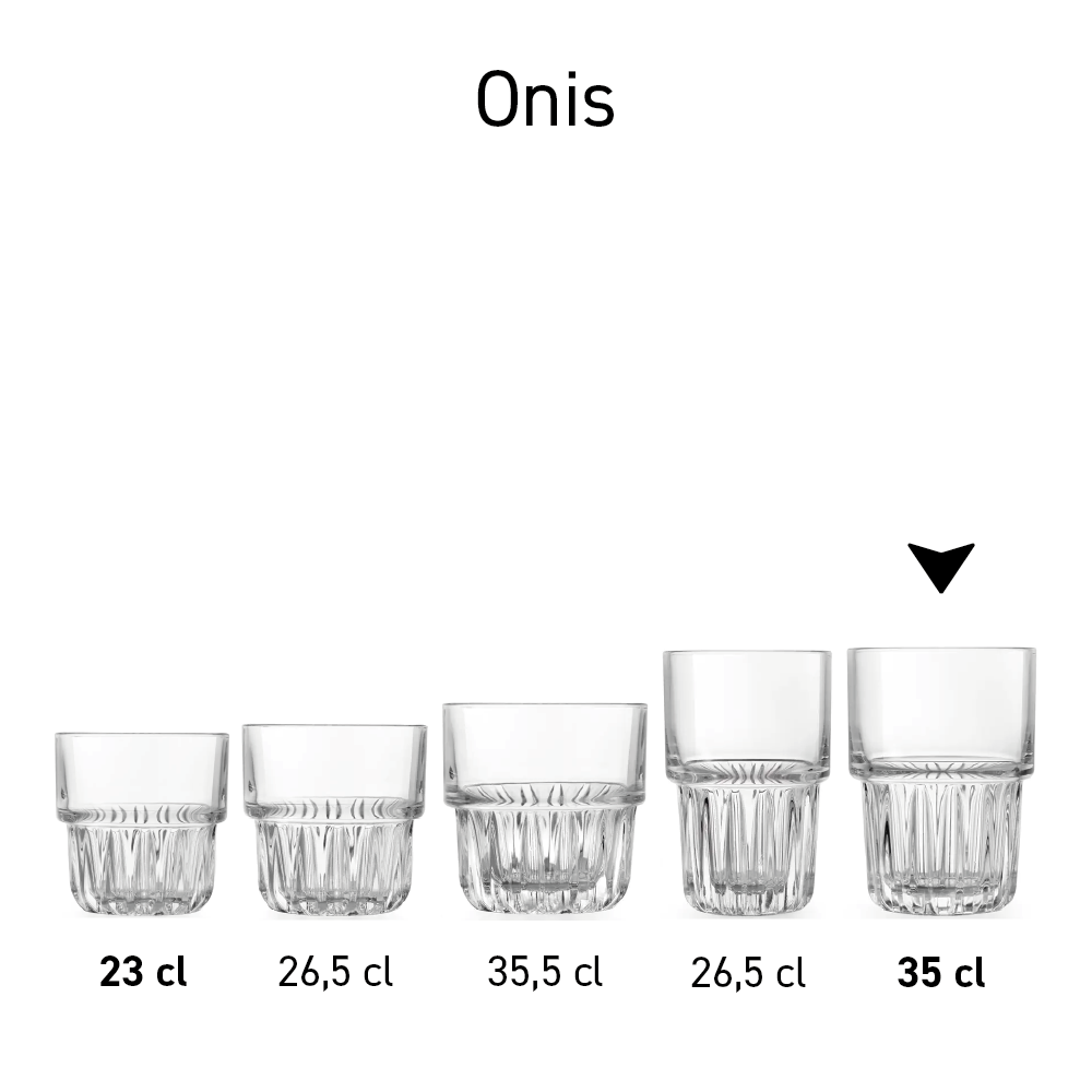 Display of multiple Onis Everest glasses in series.